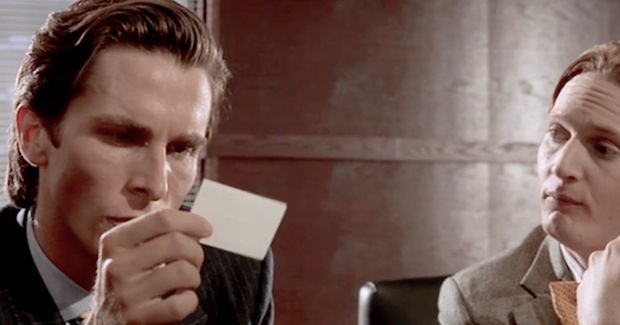 A screenshot from the imfamous business card scene between Bateman and Paul Allen.